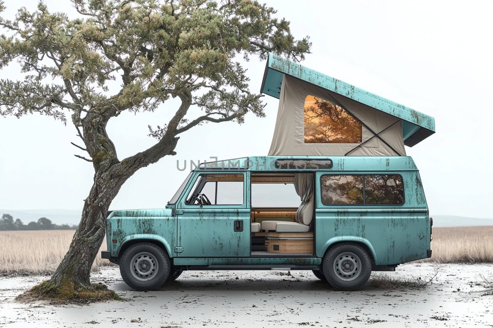 Charming blue van with a rooftop tent parked on a sandy beach, inviting you to relax and explore the idyllic coastal landscape