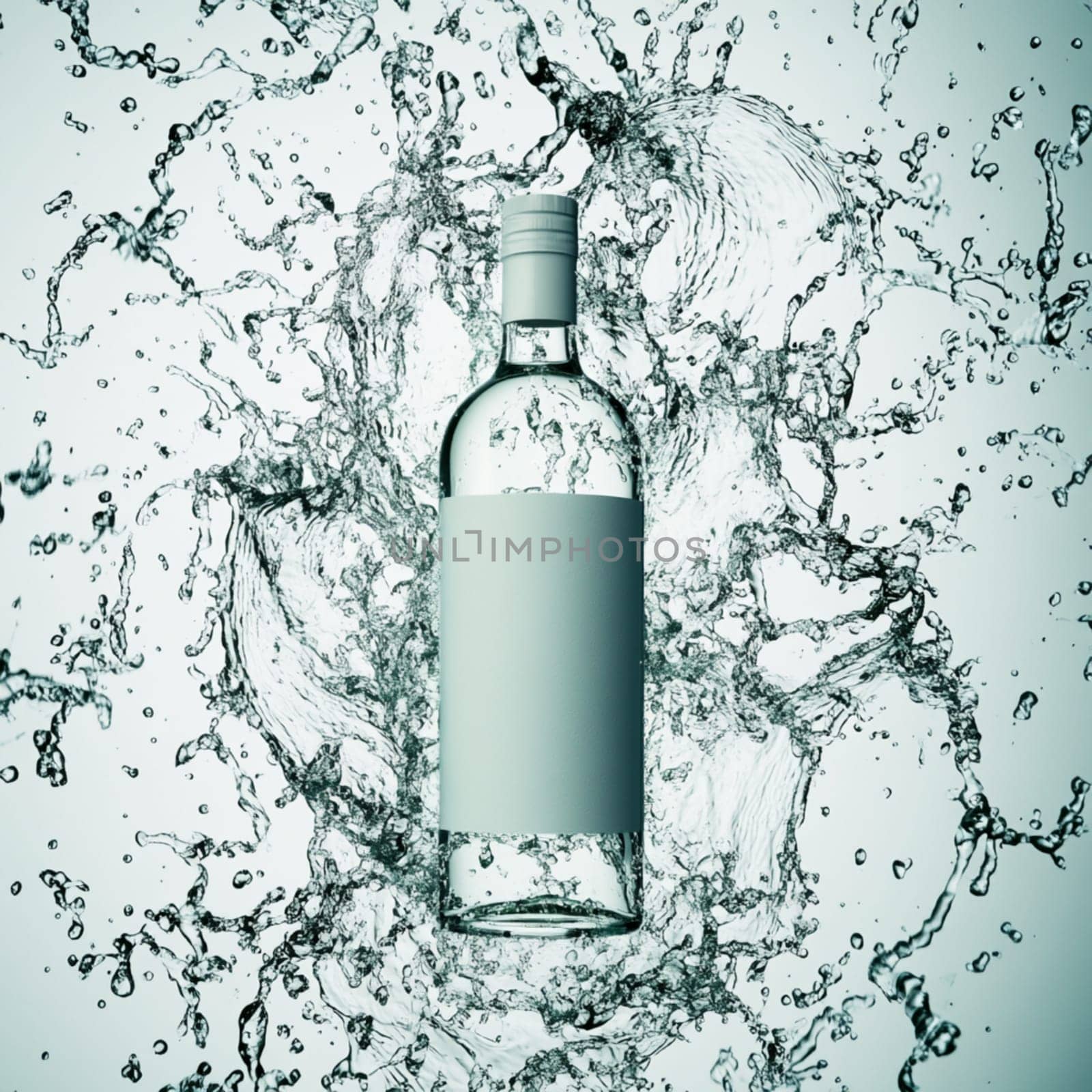 Transparent bottle filled with liquid is standing in the middle of a big splash of water, creating interesting shapes and reflections