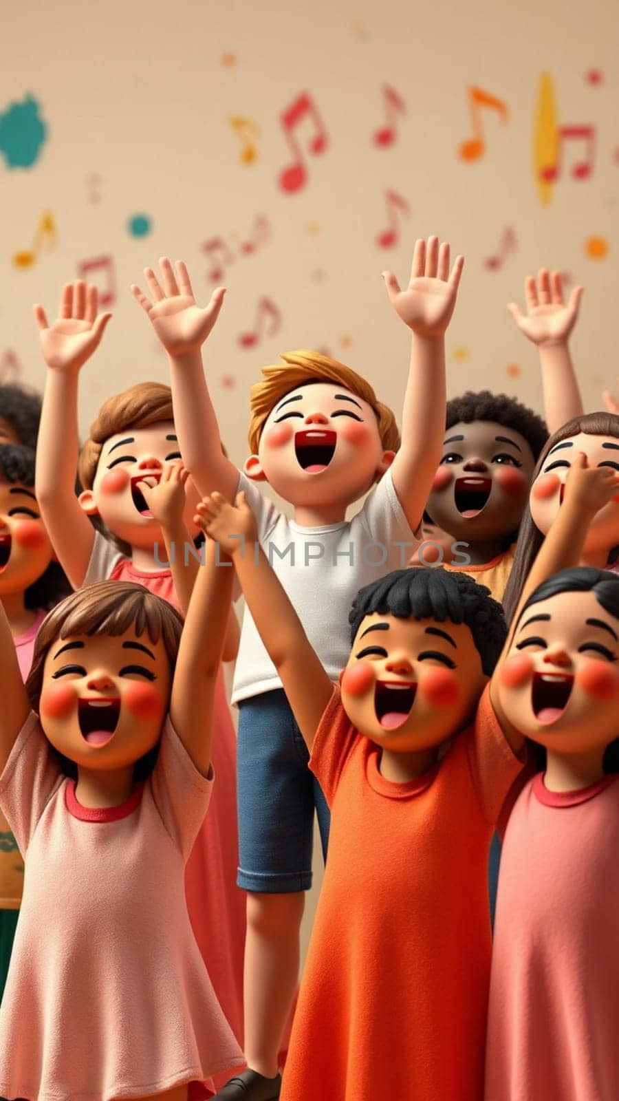 3d illustration of a group of cheerful children singing together, with their hands raised in the air, expressing their joy and happiness through music