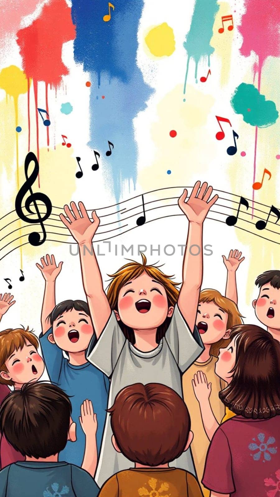 Group of children is happily singing together with their arms raised, a stave and colorful paint stains in the background
