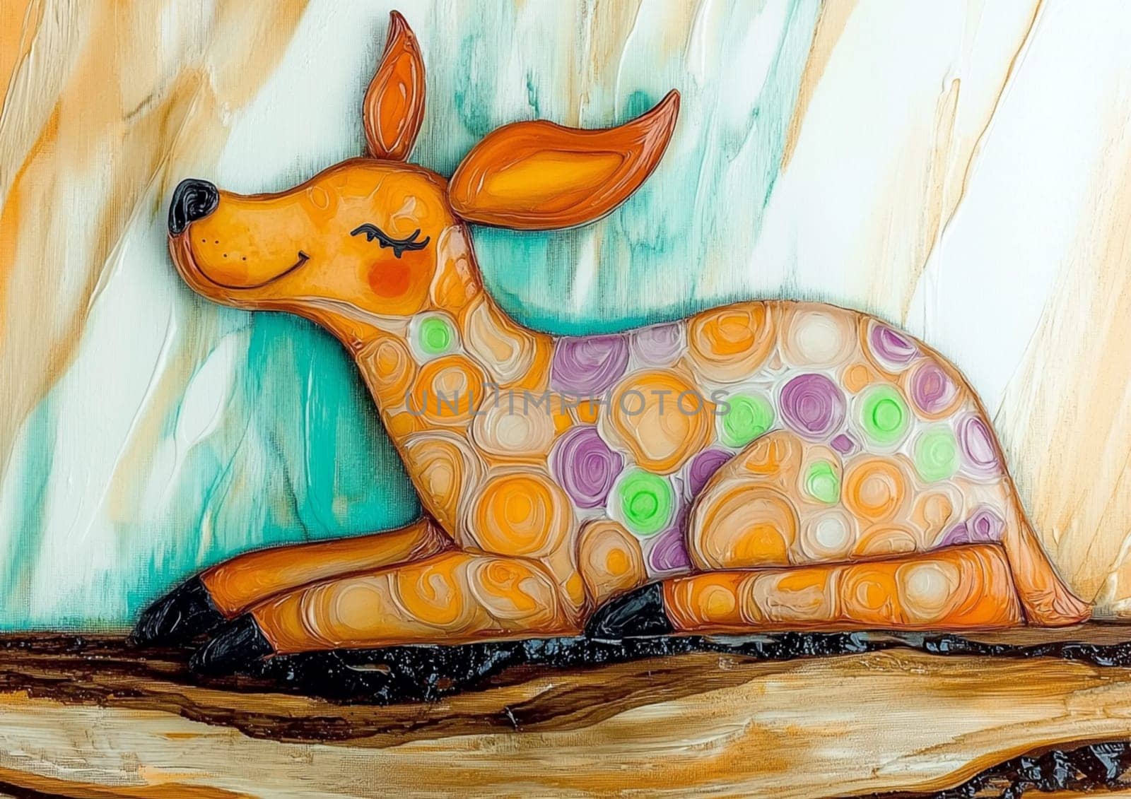 Painting of a cute baby deer with orange fur and colorful spots relaxing on a tree branch, enjoying a moment of peace and serenity