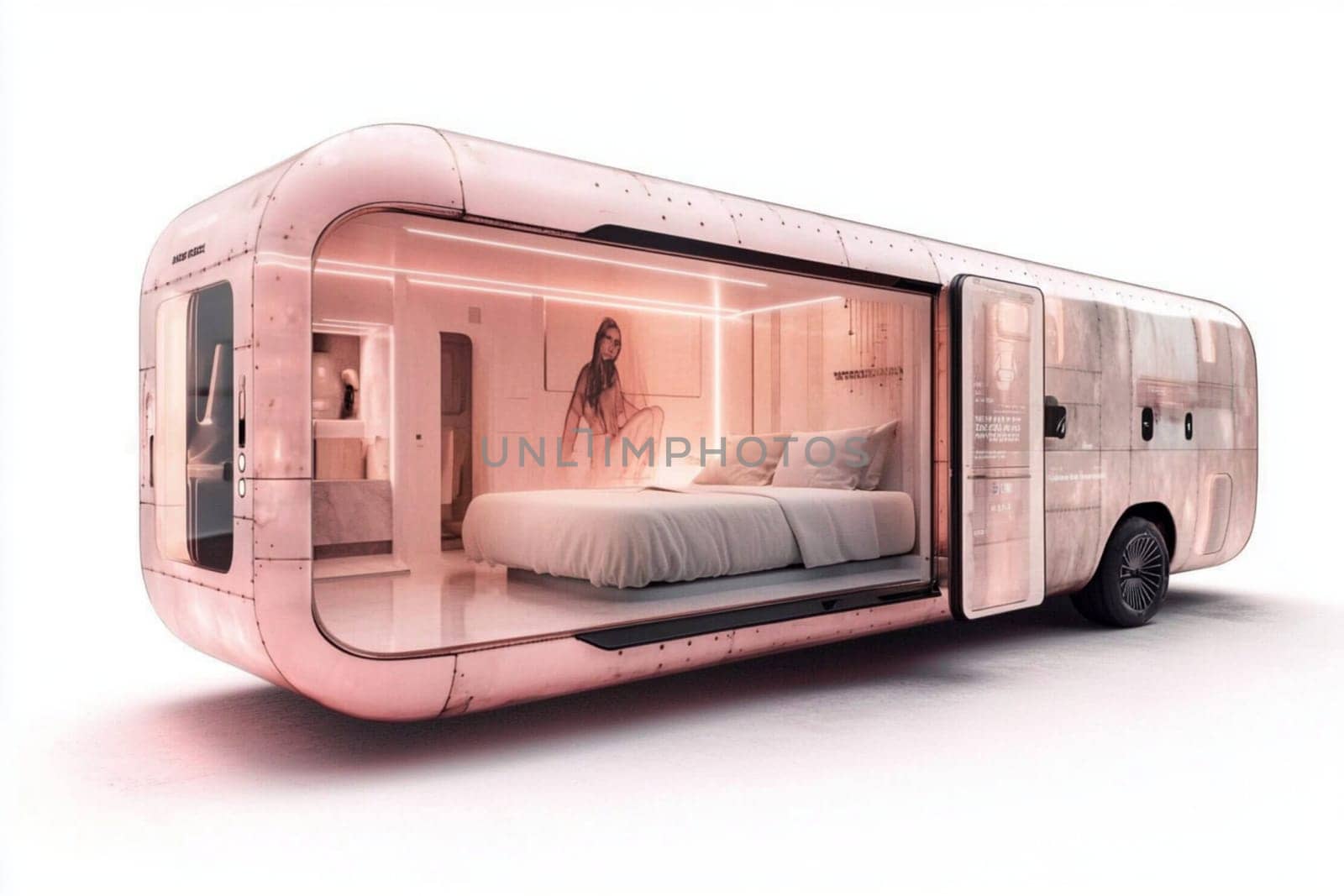 A sleek mobile hotel showcases a minimalist interior, featuring a spacious bed and convenient amenities. The innovative design caters to modern travelers who prioritize comfort for sales website