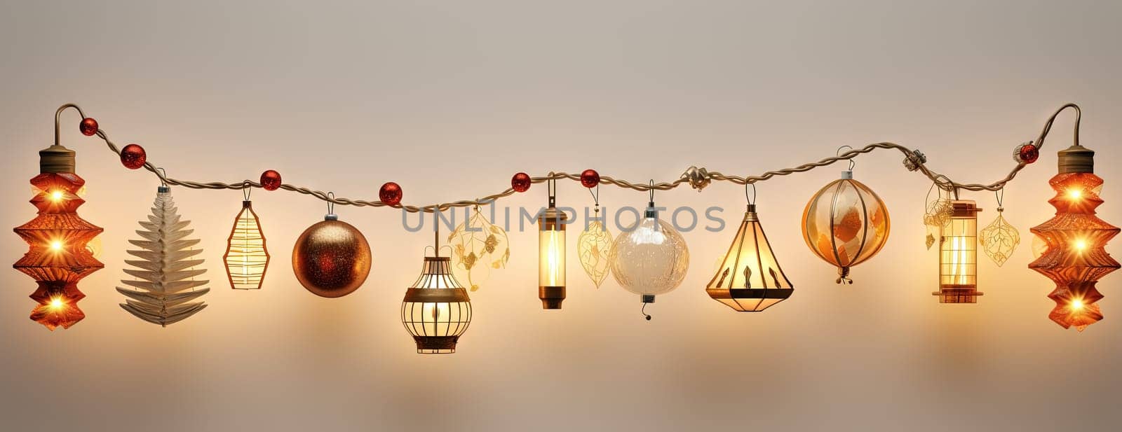 Christmas themed lamps and garlands with cozy holiday lights. Xmas ornament with shiny toys. Generated AI