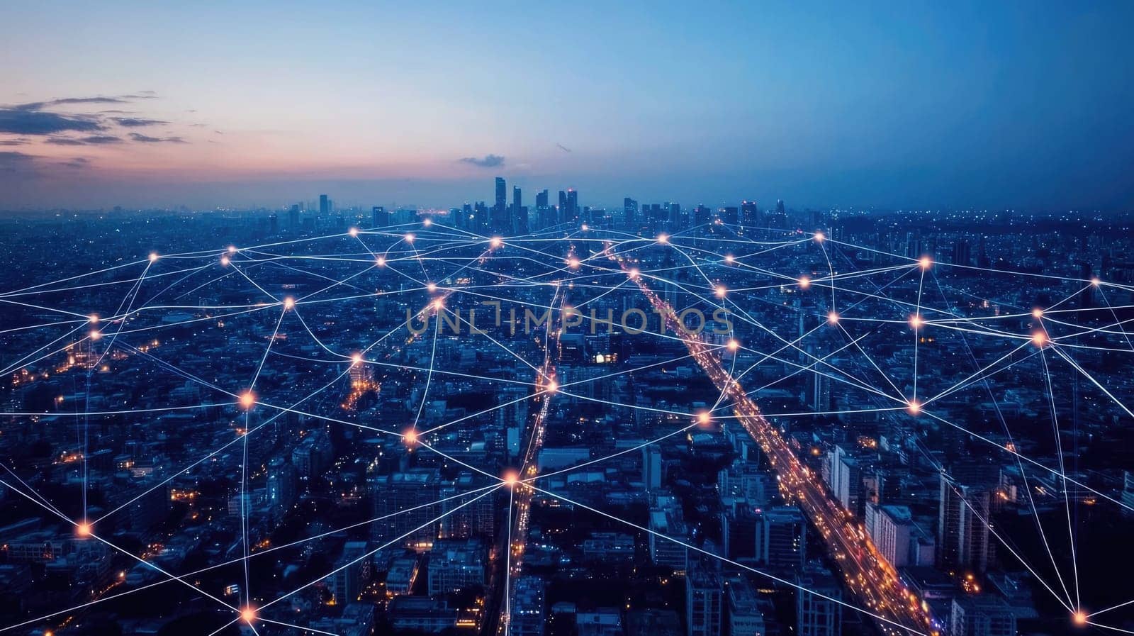 Beneath a twilight sky, a sprawling cityscape glows with lights. Digital connections illustrate a network connecting streets and buildings, highlighting the vibrancy of urban life.