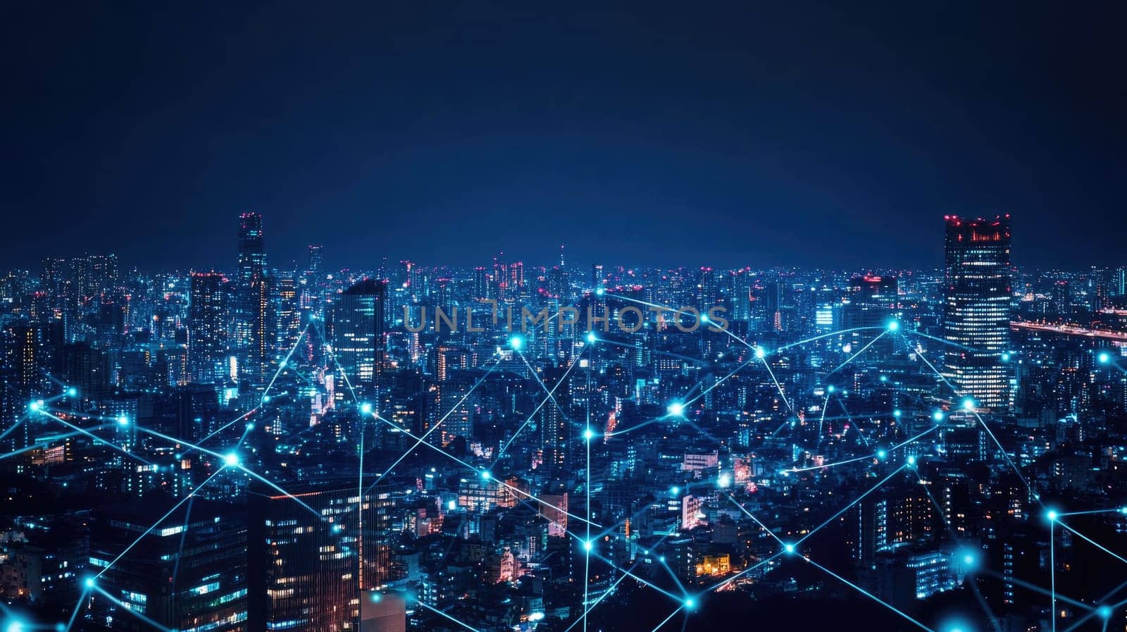 The vibrant city skyline at night sparkles with countless lights, while digital connections visually weave through the buildings, representing a high-tech urban environment.