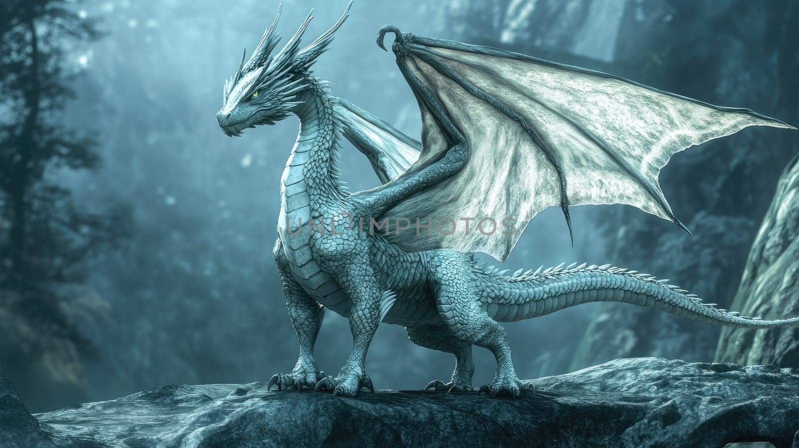 A stunning white dragon stands proudly on a rocky outcrop in a mystical forest, its wings spread wide, basking in the soft twilight light filtering through the trees.