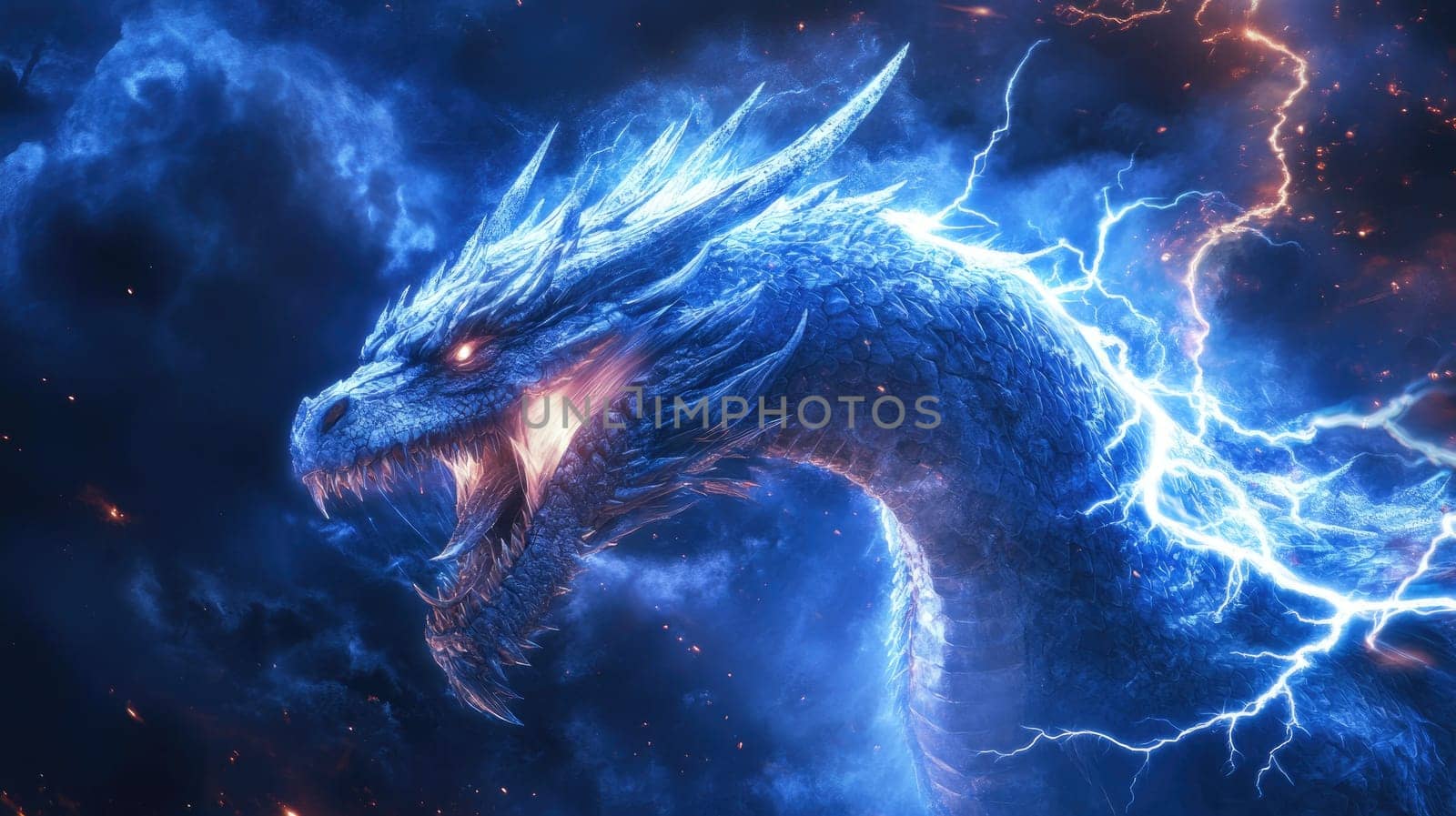 The imposing blue dragon roars amidst swirling storm clouds, surrounded by arcs of lightning that illuminate its fierce features. This captivating scene radiates power and mythical allure.