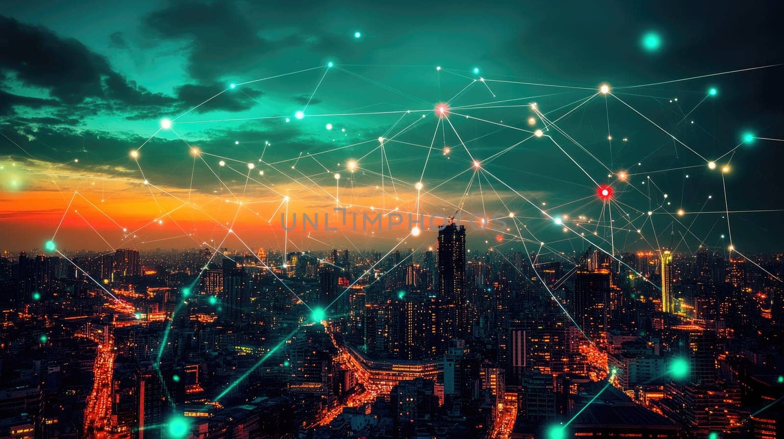 The twilight skyline reveals a bustling city alive with lights and energy, overlaid with glowing digital connections that symbolize urban networking and innovation.