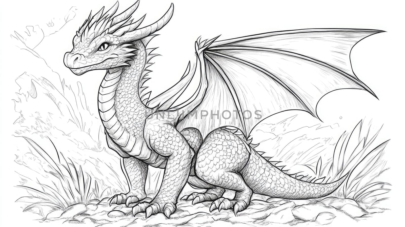The illustration depicts a dragon with intricate scales and large wings, poised on rocky ground surrounded by grass. The mythical creature exudes a sense of power and elegance in its natural habitat.