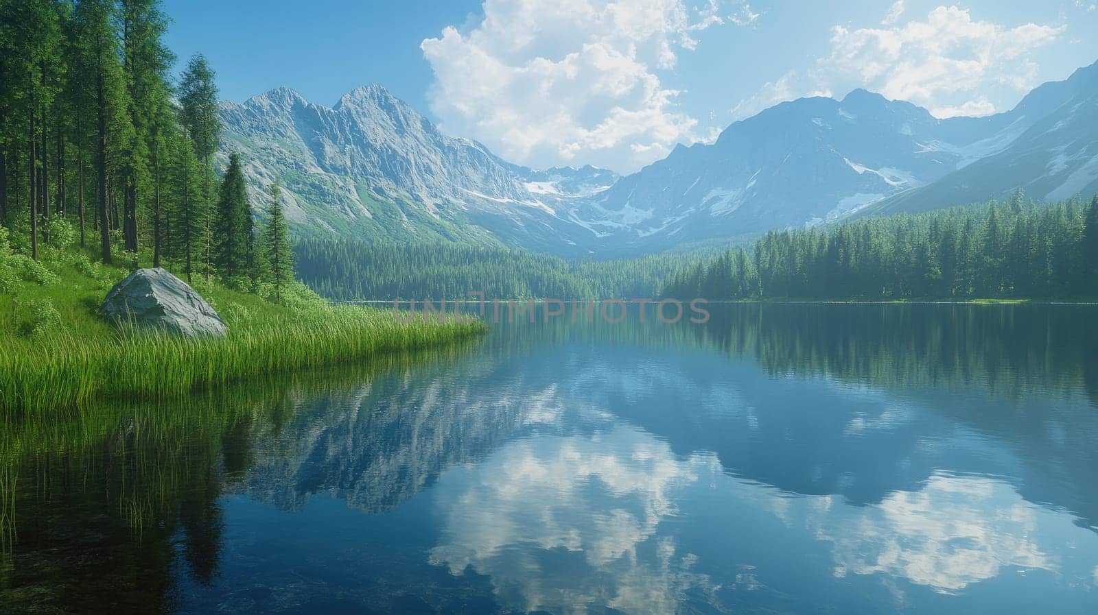 A peaceful mountain view showcases tall trees and lush greenery surrounding a calm lake. The vibrant blue sky and soft clouds are mirrored perfectly on the water's surface.