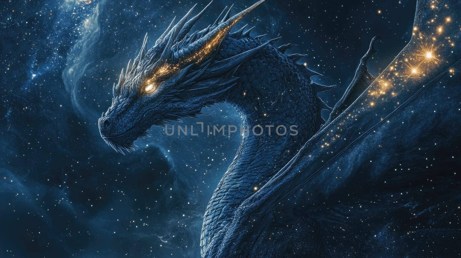 A powerful dragon glides gracefully through a dark blue night sky, its scaly body adorned with sparkling stars. The mystical creature embodies both strength and beauty in this enchanting atmosphere.