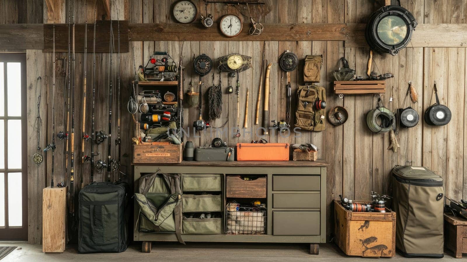 A rustic cabin features a well-organized storage setup for fishing gear, tools, and accessories on a wooden wall. Fishing rods, tackle boxes, and accessories are neatly arranged for easy access.