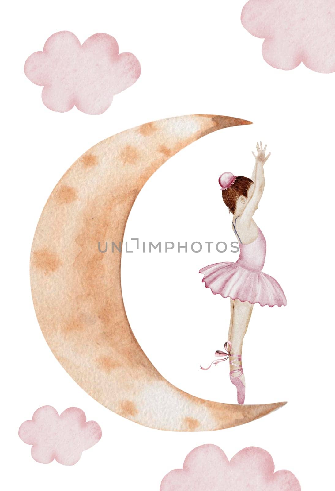 Ballerina watercolor. Hand drawn incredible girl dancer in pink tutu skirt on the moon. Clip art on isolated white background of cute ballet beauty. Perfect for poster and cards, princess daughter room design. High quality illustration