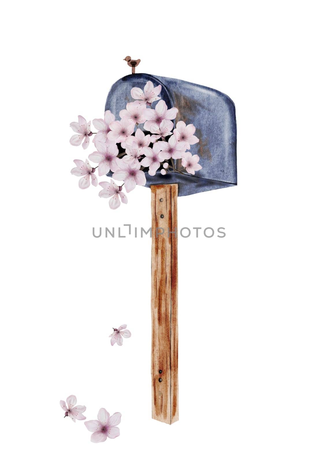 Mail watercolor. Vintage blue letter container mailbox on a wooden stand with cherry blossoms. Isolated clip art on white background. Ideal for postcards for Postal Day, Postal Worker. High quality illustration