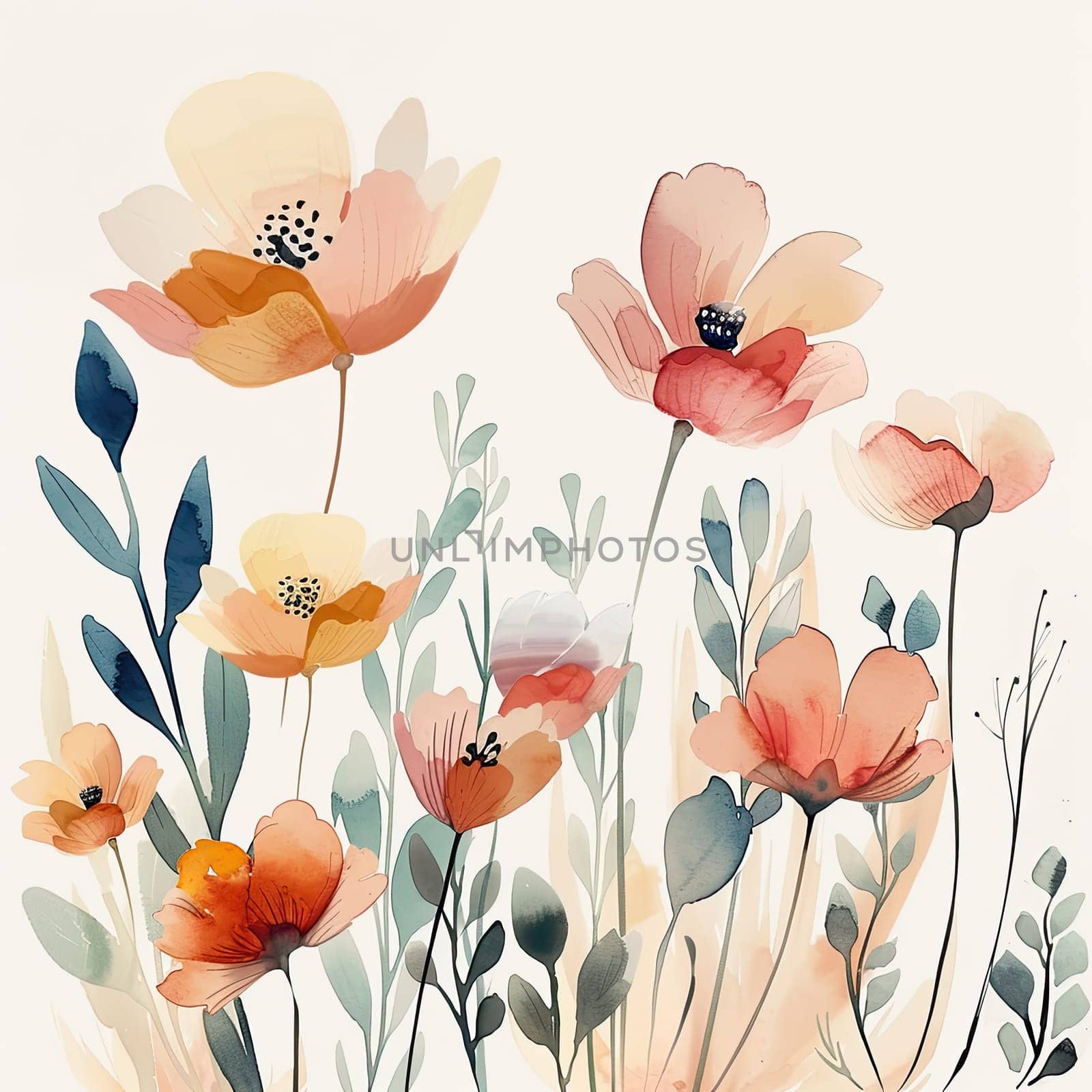 Delicate flowers in soft hues of pink, orange, and yellow bloom amidst gentle green foliage, creating a tranquil and harmonious floral arrangement.