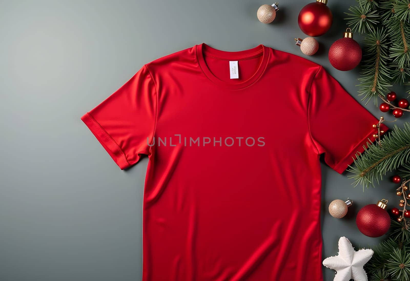 A vibrant red t-shirt paired with festive Christmas cards and ornaments, set against a sleek gray background, creating a cheerful holiday design