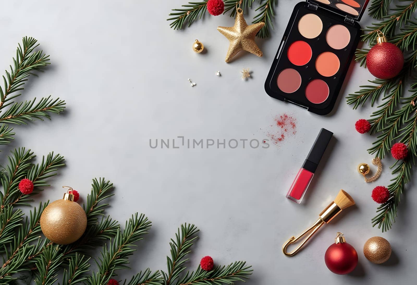 A stylish arrangement of decorative cosmetics paired with festive Christmas ornaments on a sleek gray background, perfect for holiday beauty themes