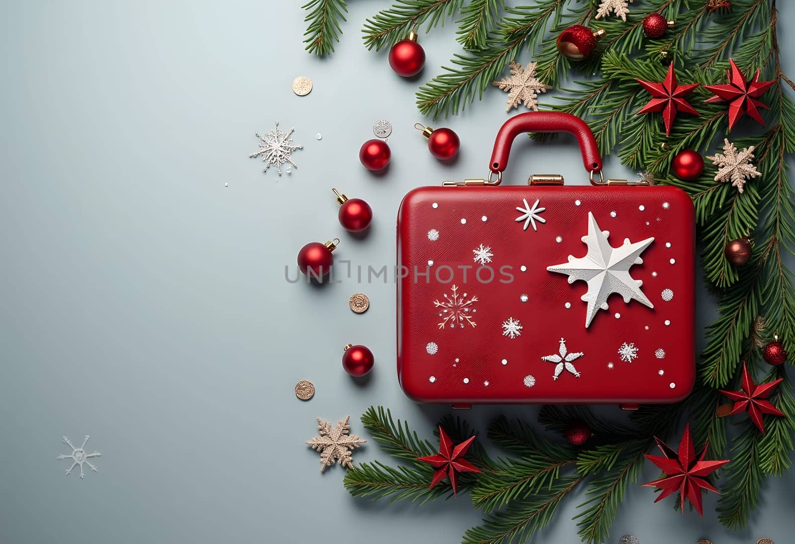 Festive red bag filled with Christmas cards and holiday ornaments, set against a sleek gray background, perfect for seasonal celebrations