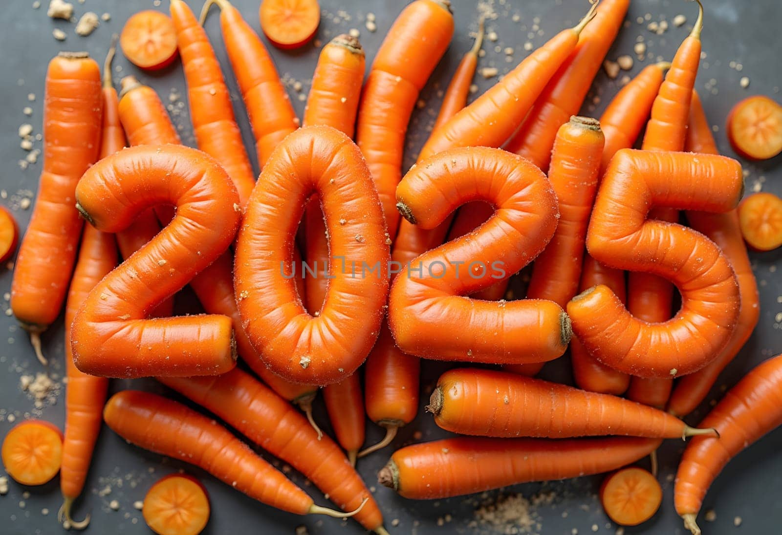 Fresh numbers 2025 crafted from vibrant orange carrots, bringing a healthy and playful touch to new year celebrations