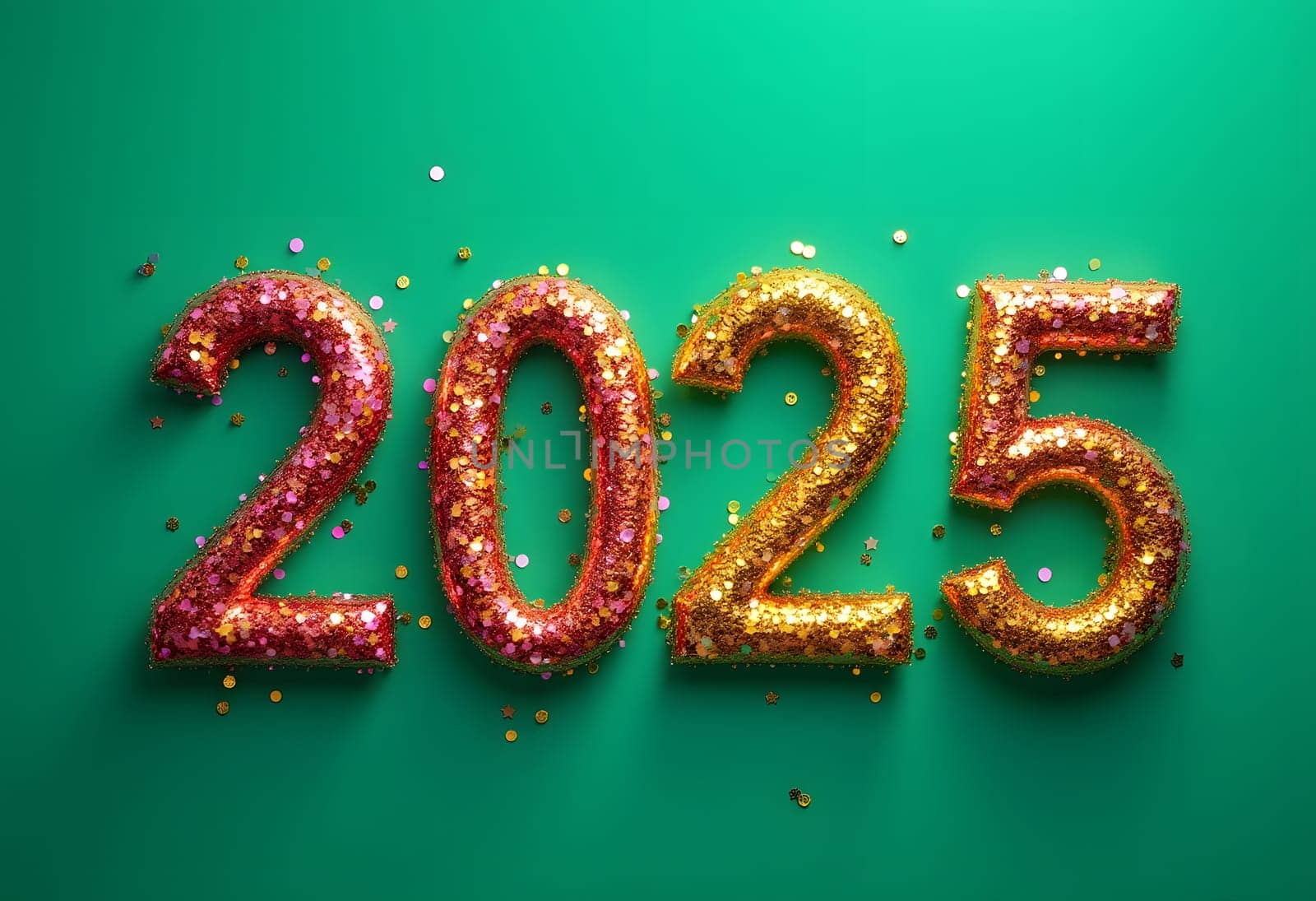 Shimmering numbers 2025 made of red and yellow glitter, set against a vibrant green background, creating a festive and eye-catching design