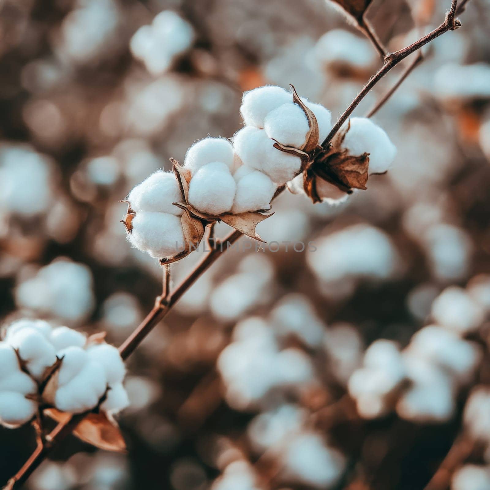 Close-up of a cotton boll on a plant stem surrounded by a blurred background of a cotton field