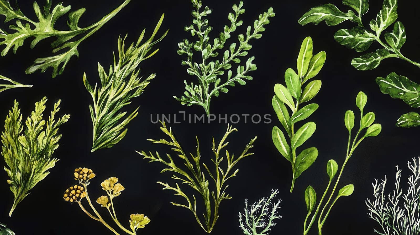 Detailed botanical watercolor illustration on dark