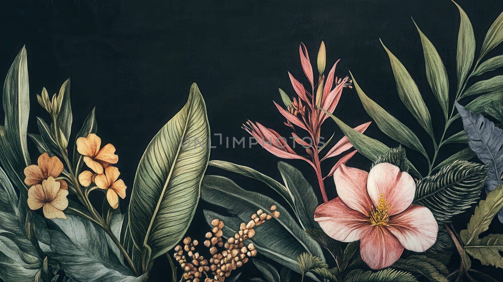 Detailed botanical watercolor illustration on dark background