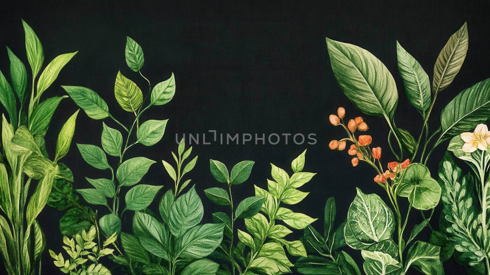 Detailed botanical watercolor illustration on dark background