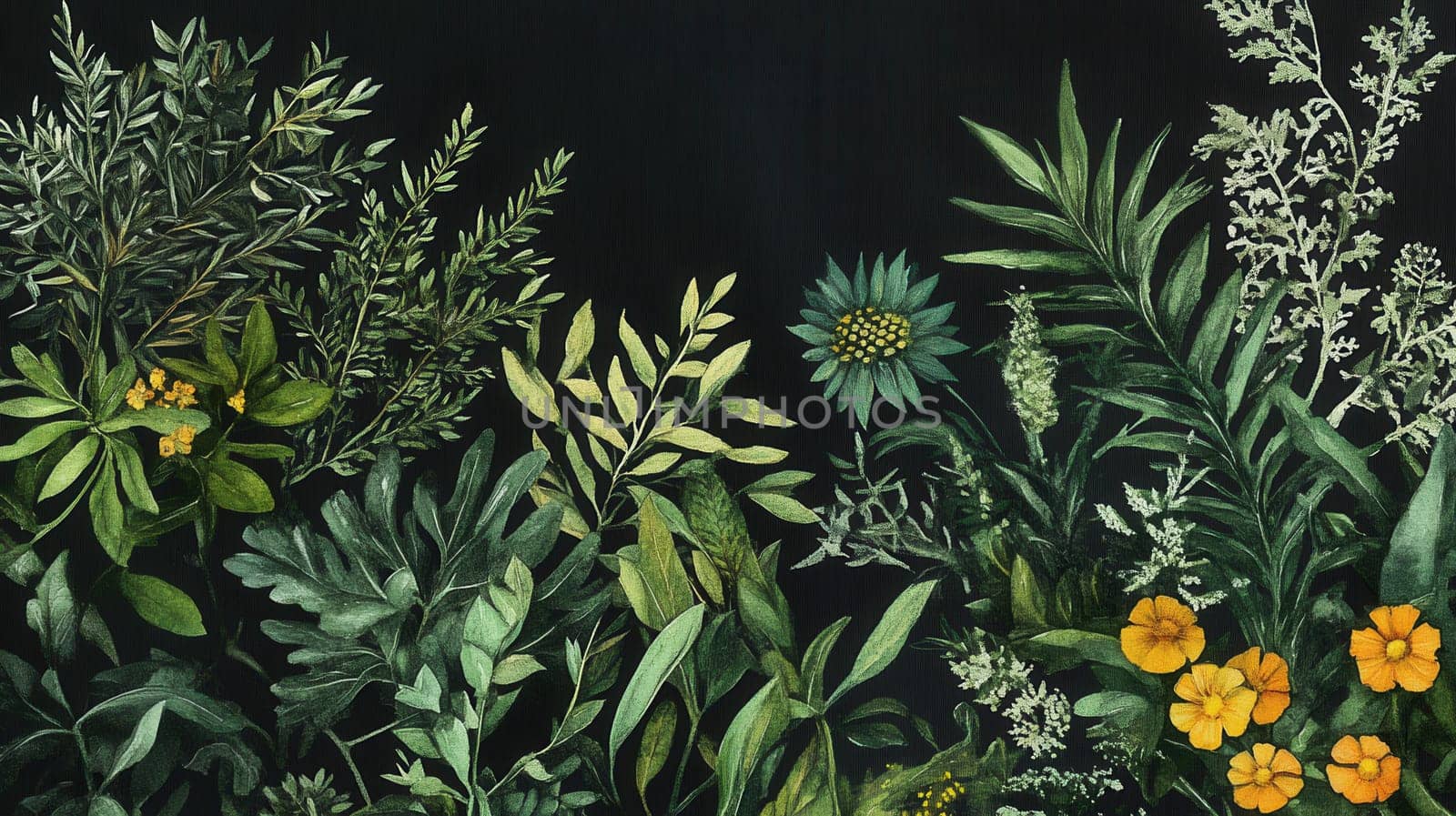 Detailed botanical watercolor illustration on dark background
