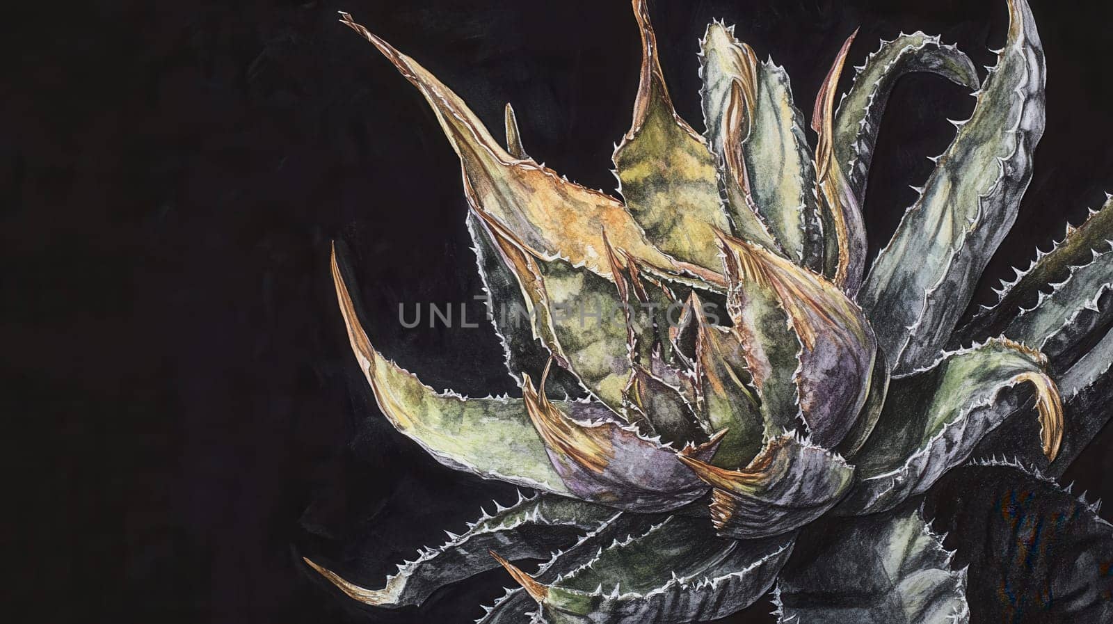 Detailed botanical watercolor showcasing succulents on dark