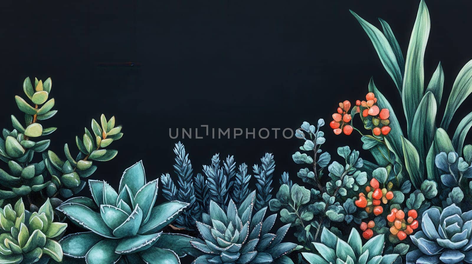 Detailed botanical watercolor showcasing succulents on dark
