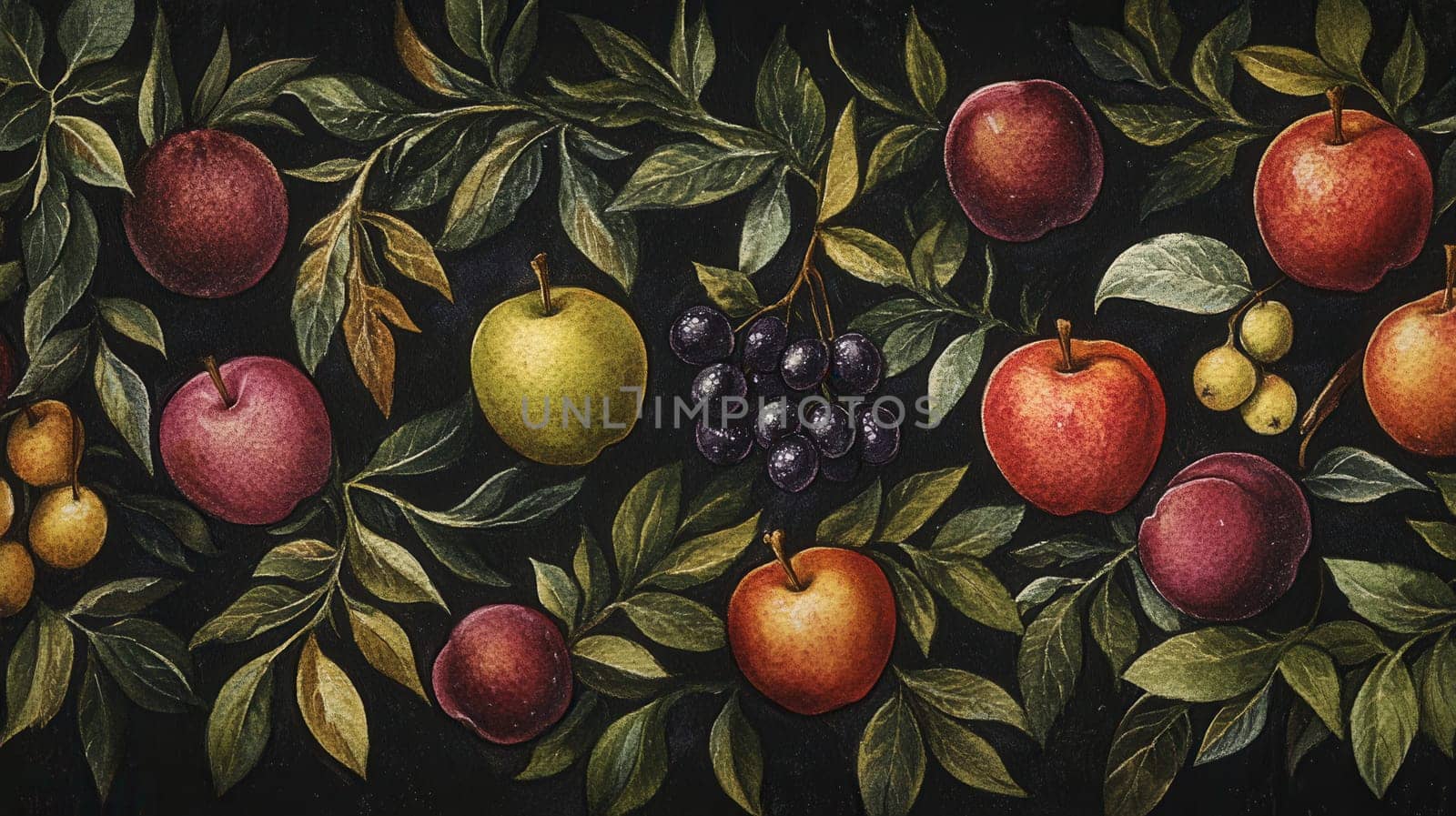Detailed fruits watercolor illustration on dark