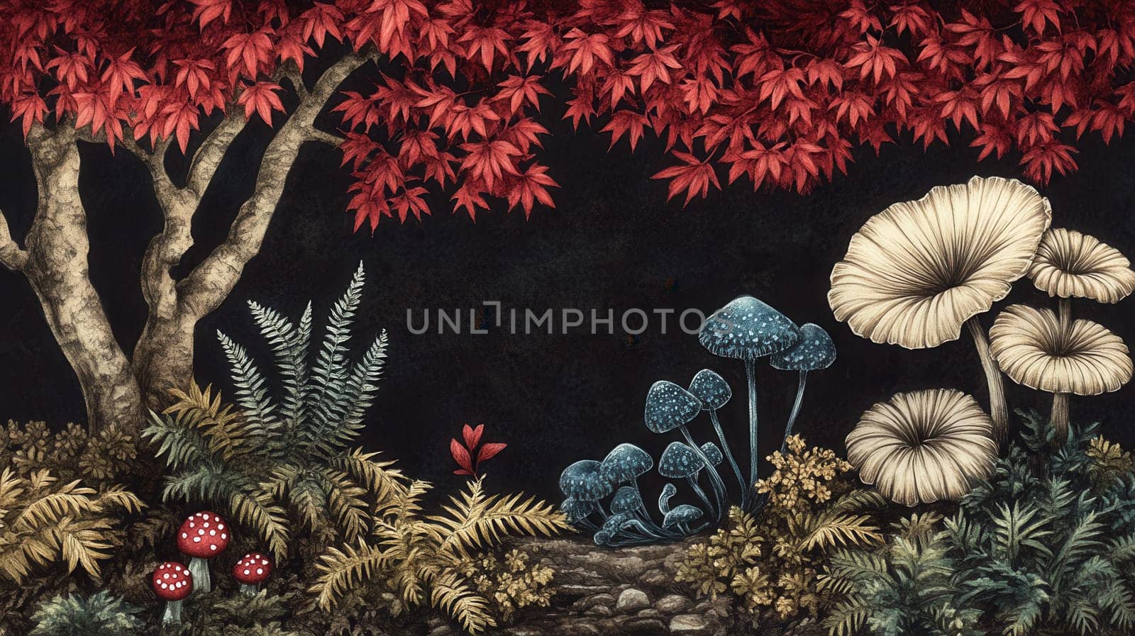Detailed botanical illustration with plants and mushrooms
