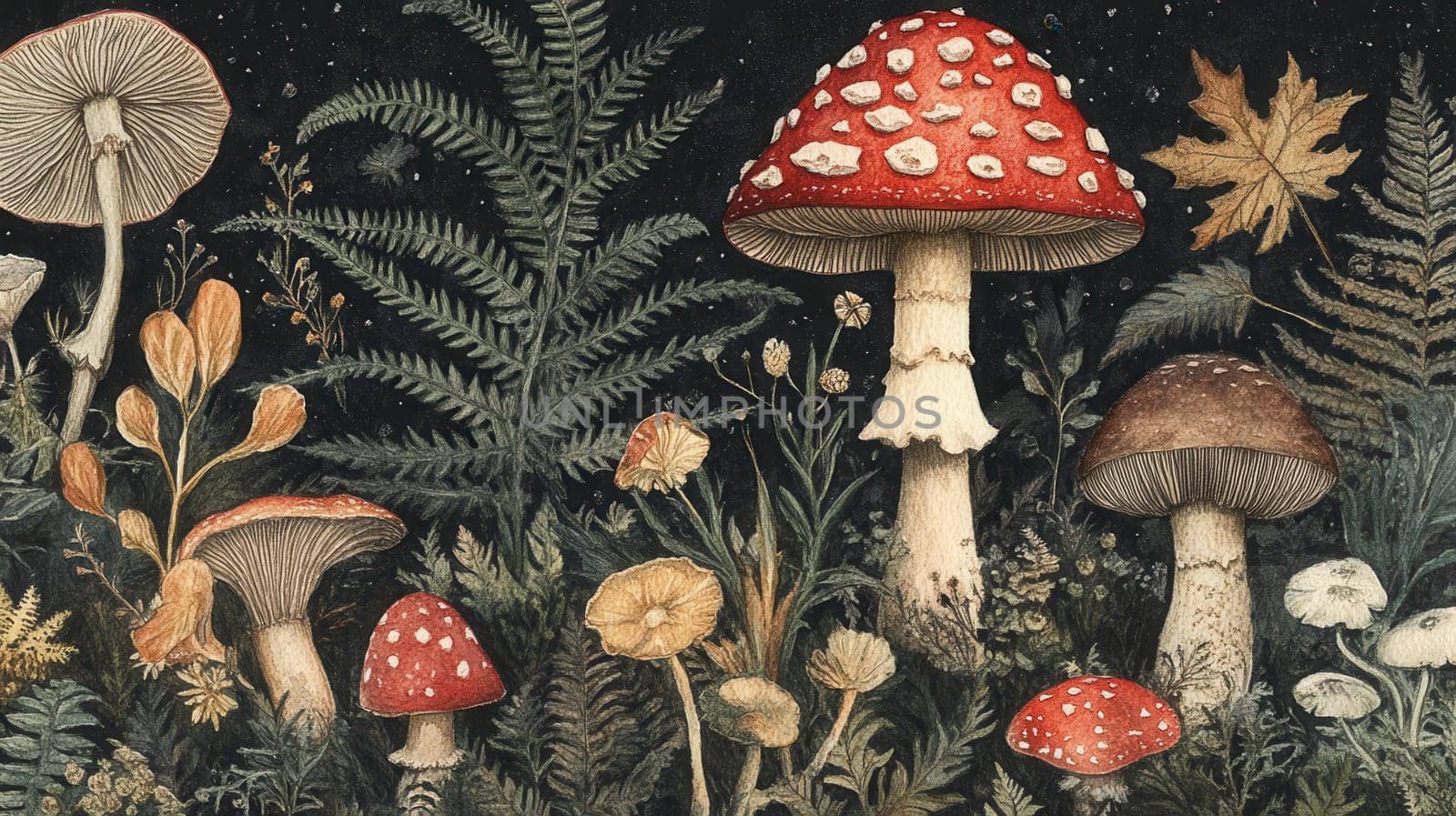 Detailed botanical illustration with plants and mushrooms