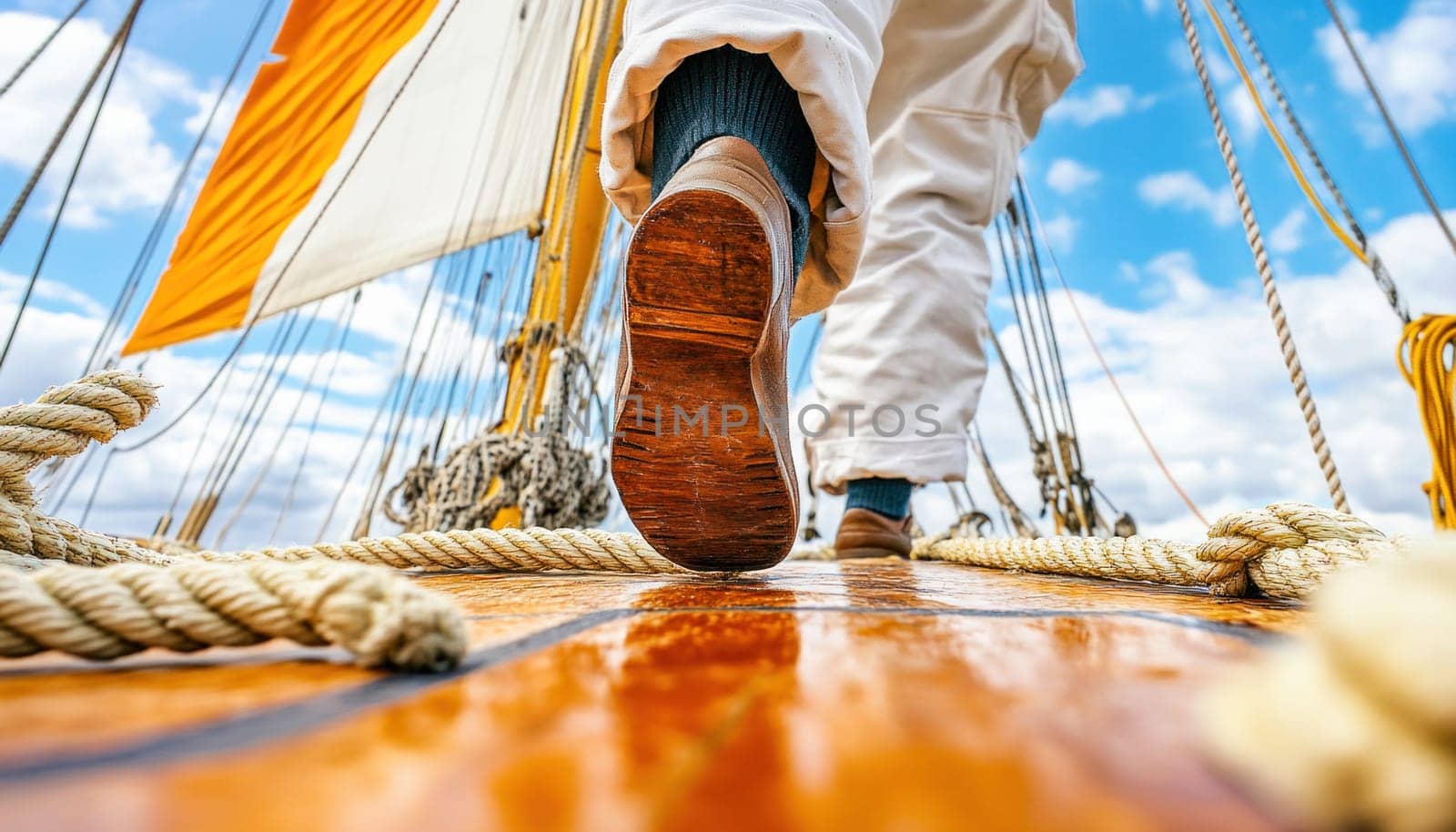 Sailor is walking on the varnished wooden deck of a classic yacht with rigging and sails