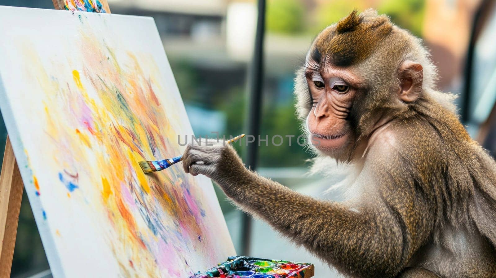 Monkey artist is carefully applying paint to a canvas with a brush, showcasing the intelligence and creativity of animals