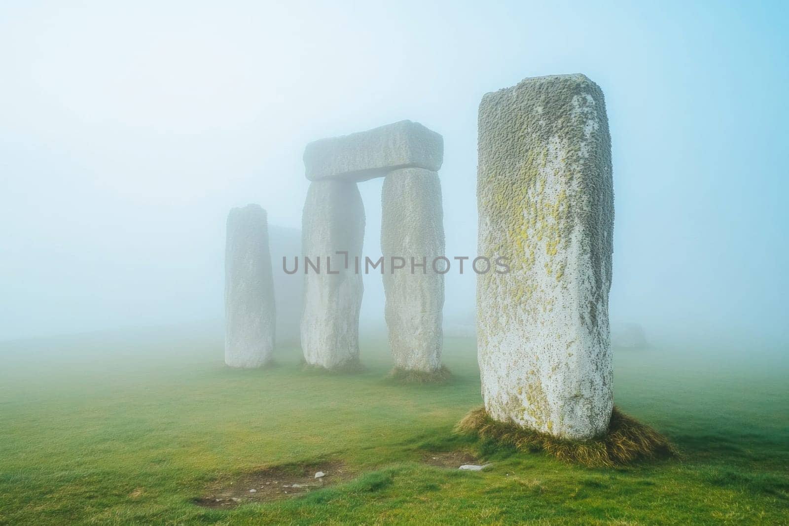 The ancient stone circle of stonehenge standing in a field of green grass covered in fog