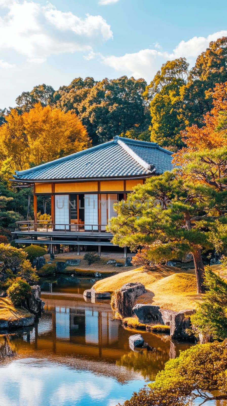 Serene scene of a traditional japanese house reflecting in the calm water of a garden pond during the beautiful autumn season