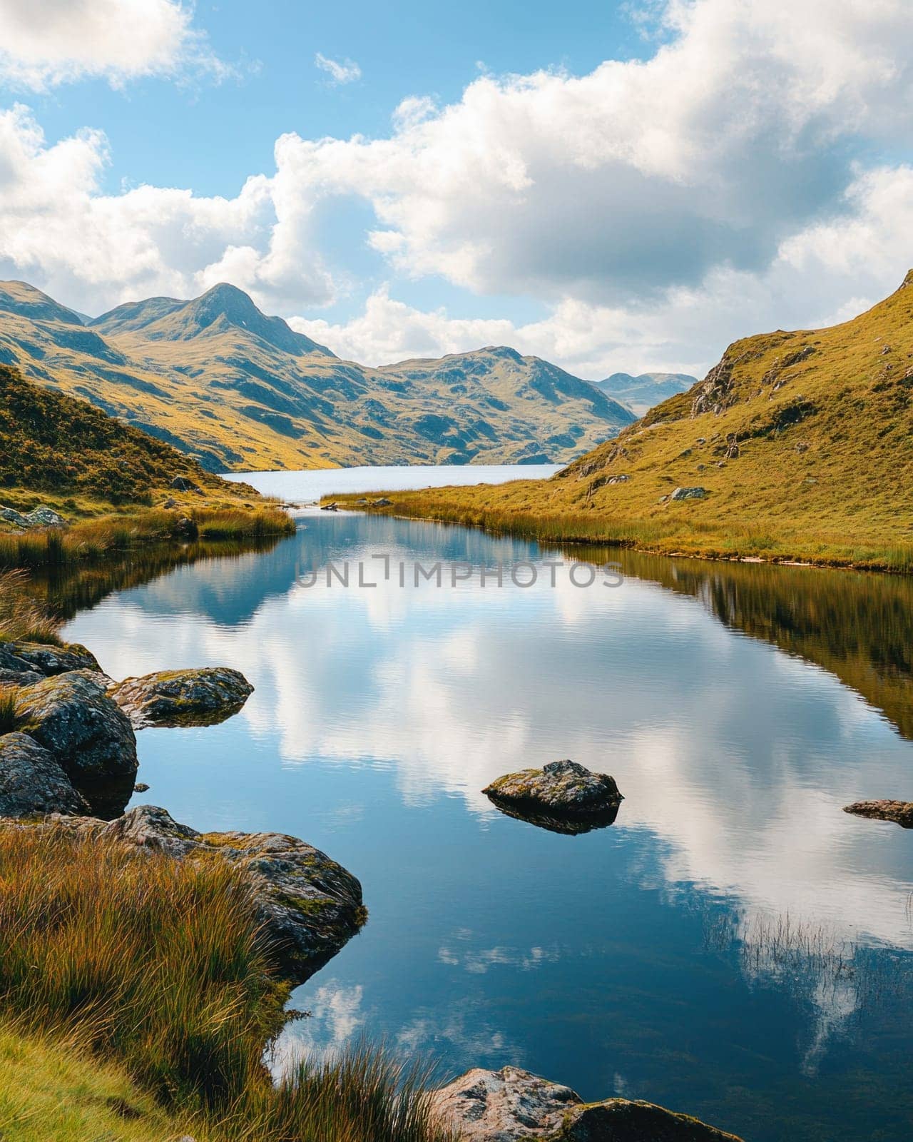 Mountain valley with a lake reflecting the blue sky and clouds on a sunny day