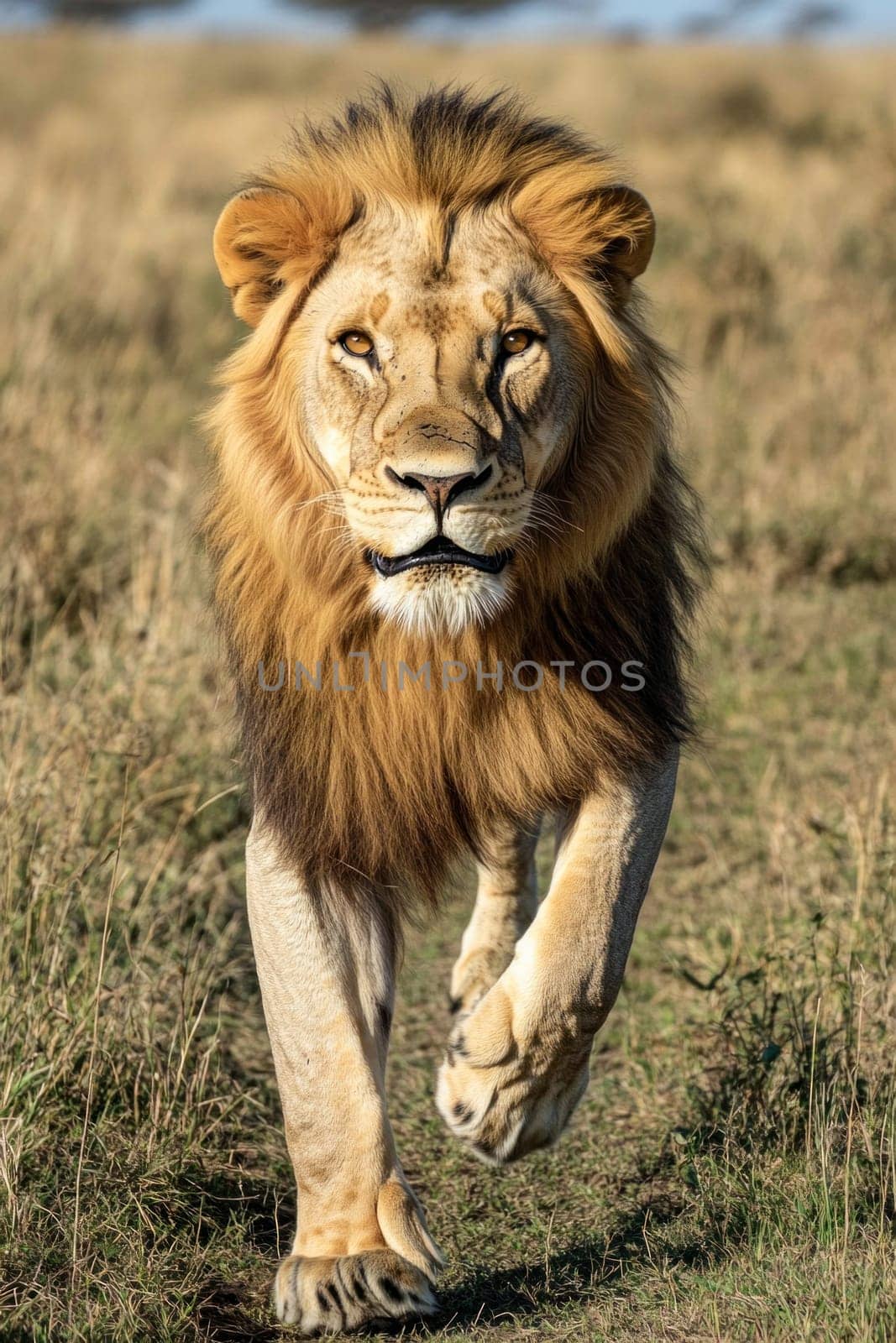 Powerful male lion walking directly towards the camera in the african savanna