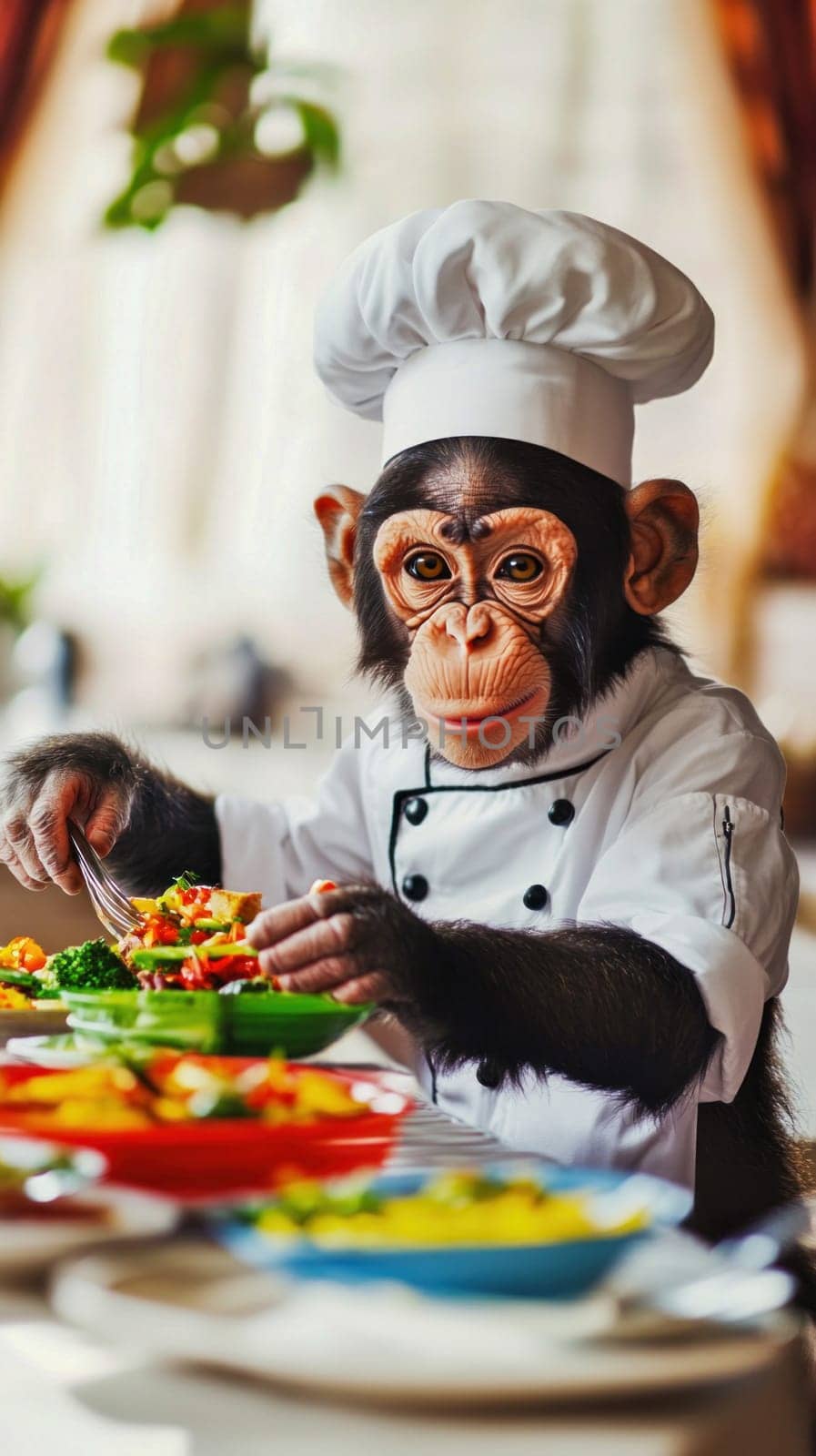 Chimpanzee wearing a chef hat and jacket is preparing a healthy vegetarian meal