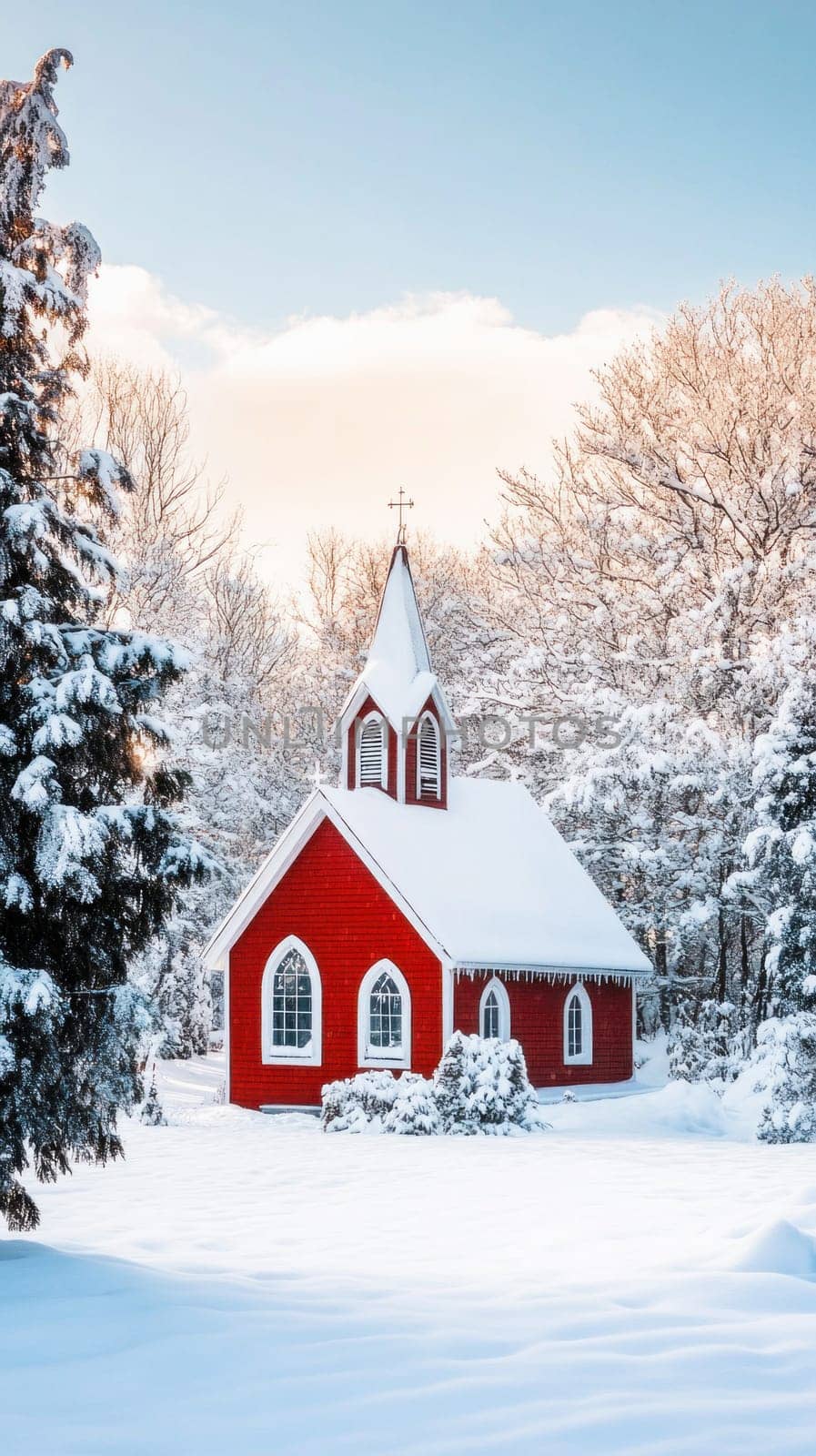 Red wooden country church with a steeple is standing in winter scenery covered in fresh snow on a sunny morning