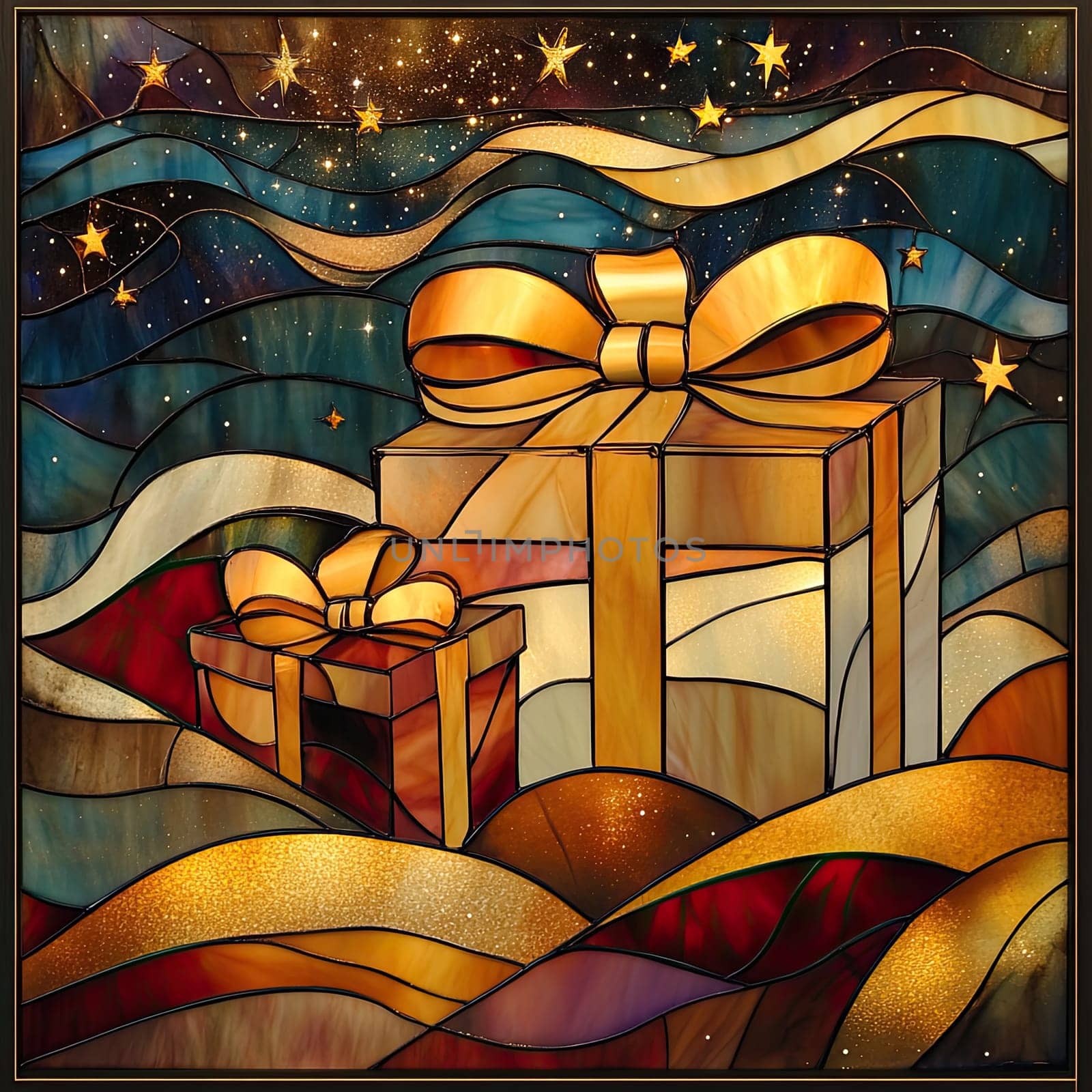 Two beautifully crafted golden gifts are nestled among flowing waves and twinkling stars in a vibrant stained glass artwork, evoking a joyful, celebratory mood.