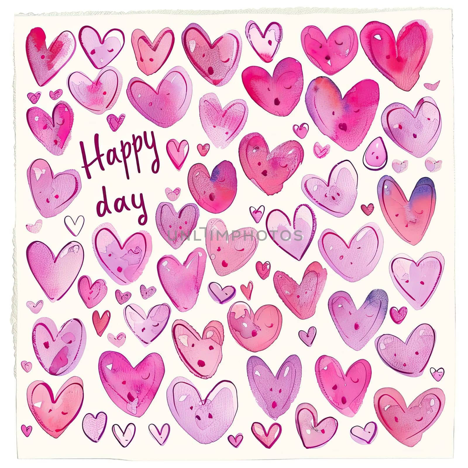 A vibrant collection of heart shapes in various pink hues fills the canvas, accompanied by playful faces, expressing joy and warmth for a cheerful day.