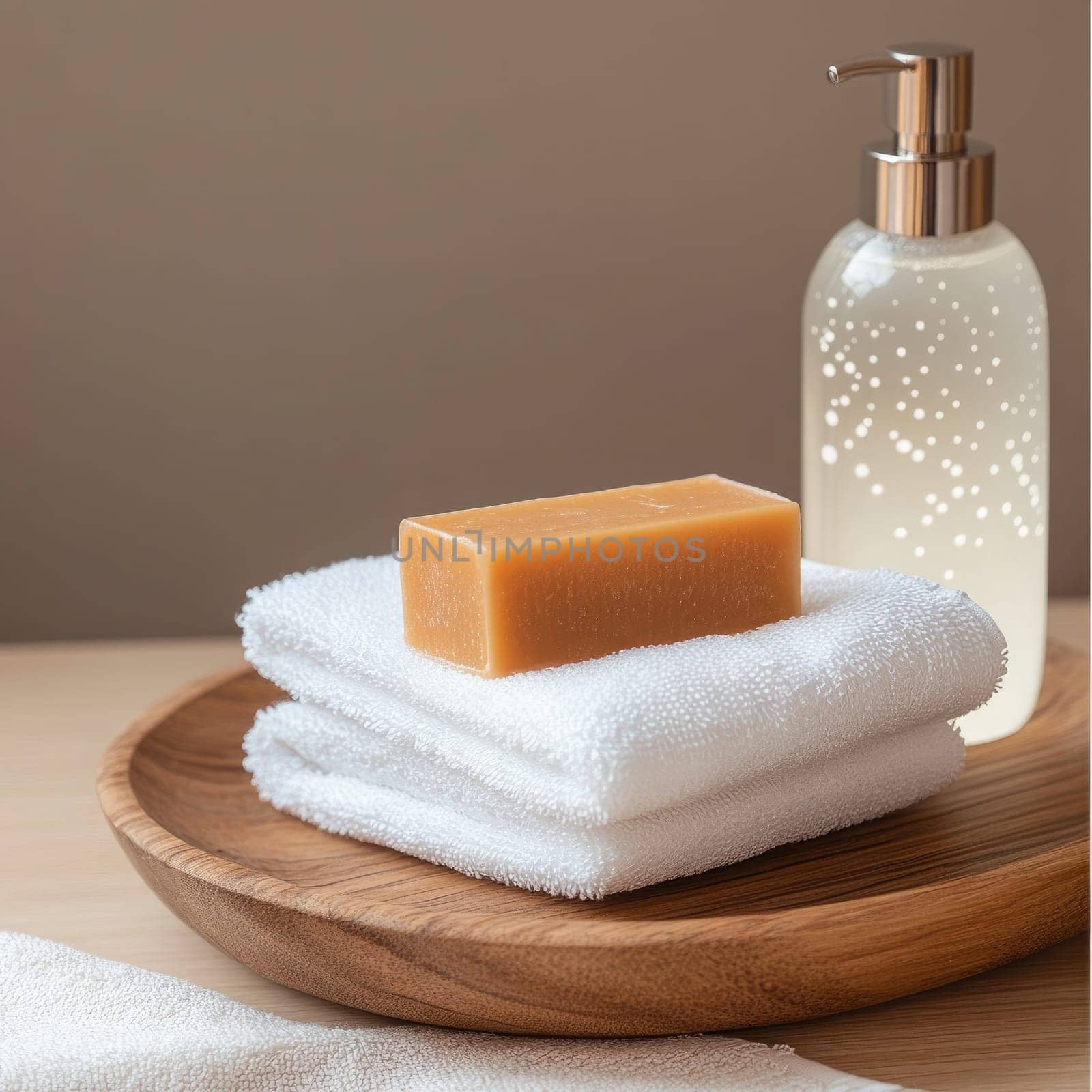 A neatly arranged wooden dish holds a fresh bar of soap on top of white towels, complemented by a liquid cleanser in a stylish bottle, enhancing bathroom tranquility.