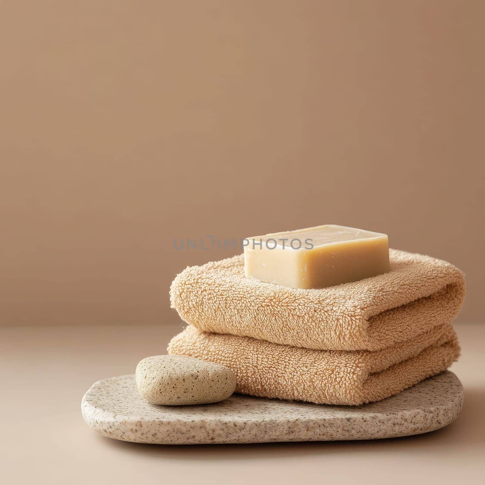 A calming arrangement featuring two soft, rolled towels stacked neatly beside a bar of handmade soap and a smooth natural stone, all set against a beige backdrop.