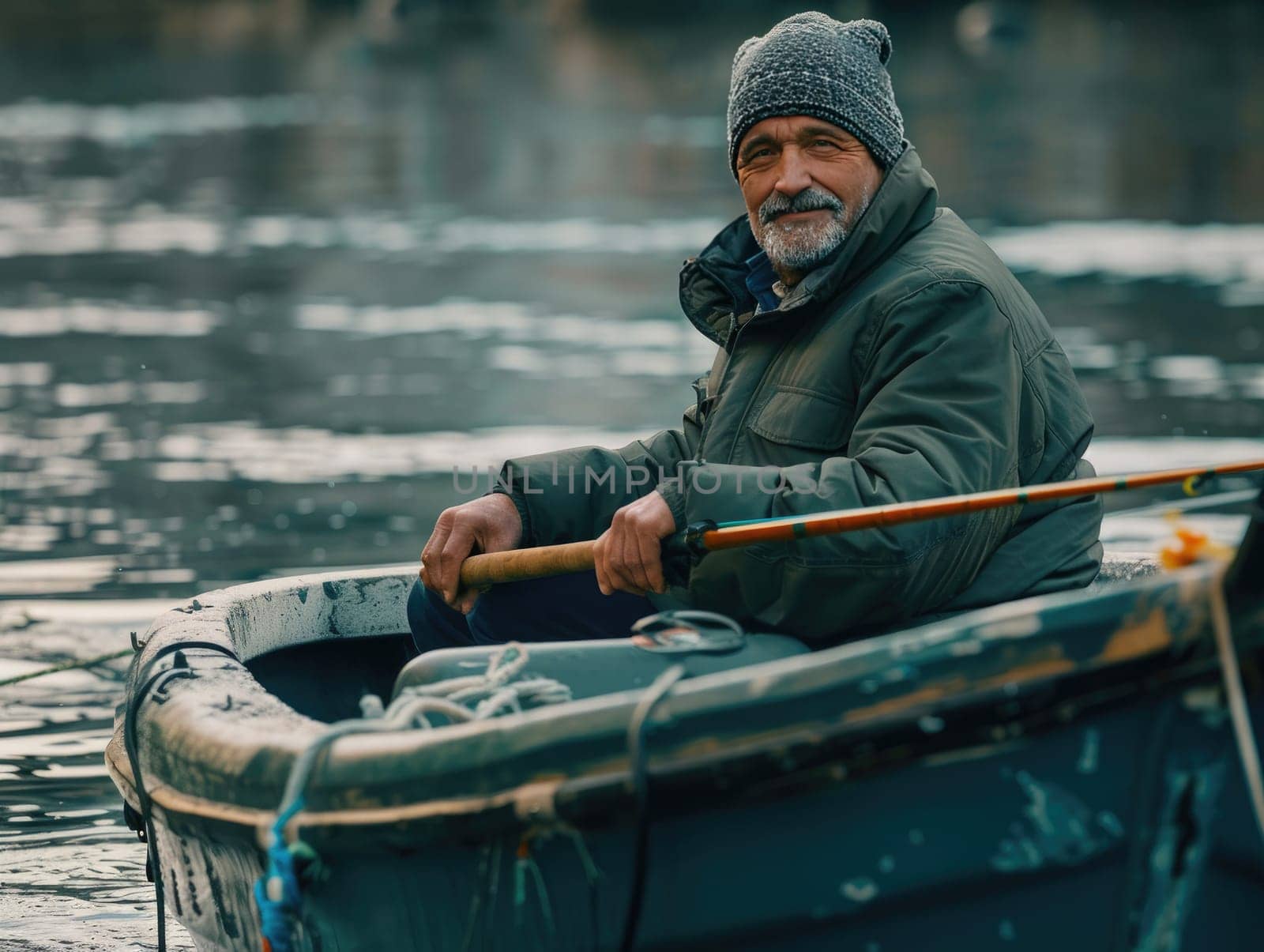 An elderly man sits comfortably in a small boat, fishing on tranquil waters. He appears content as he holds a fishing rod, surrounded by serene natural beauty.