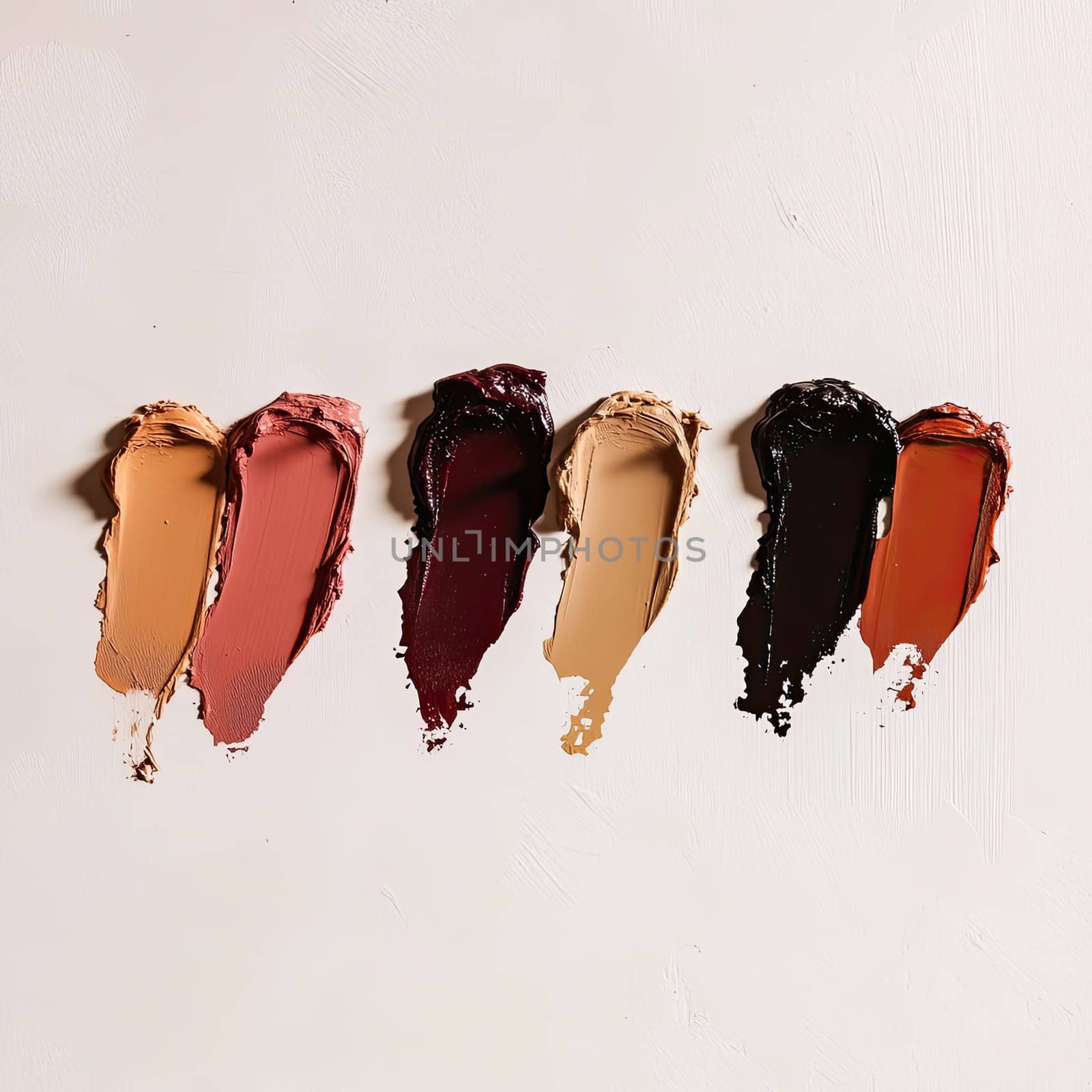 Bold and muted paint swatches in shades of beige, pink, deep burgundy, and rich brown are arranged neatly, inviting artists to explore their creativity through color.