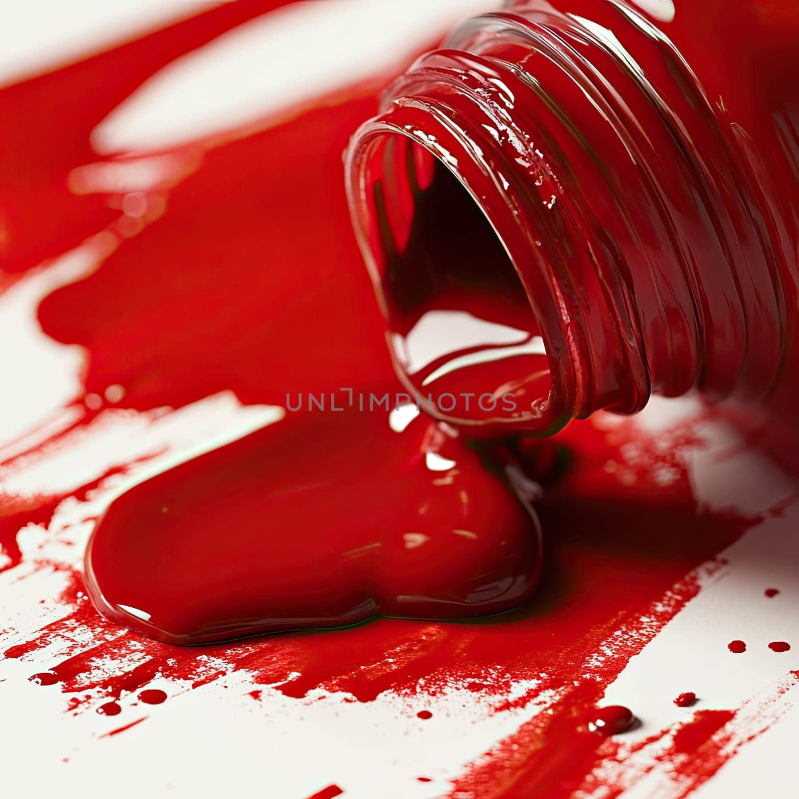 A jar of bright red paint lies on its side, pouring out onto a white surface, creating an artistic and vibrant display ideal for creative projects and inspirations.