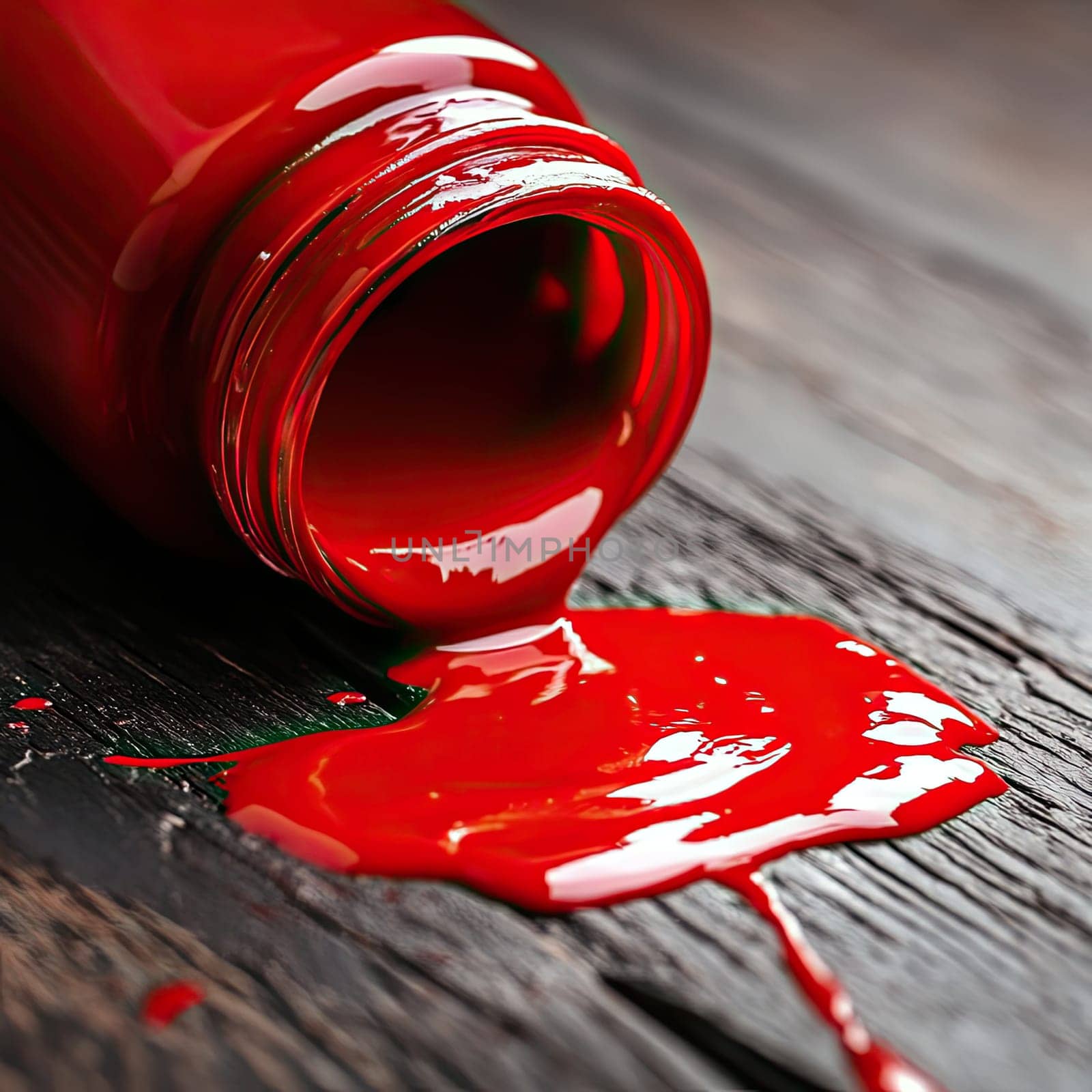 A vibrant red paint bottle is tipped over, spilling its contents onto a rustic wooden surface, showcasing rich colors and textures in an artistic setting.